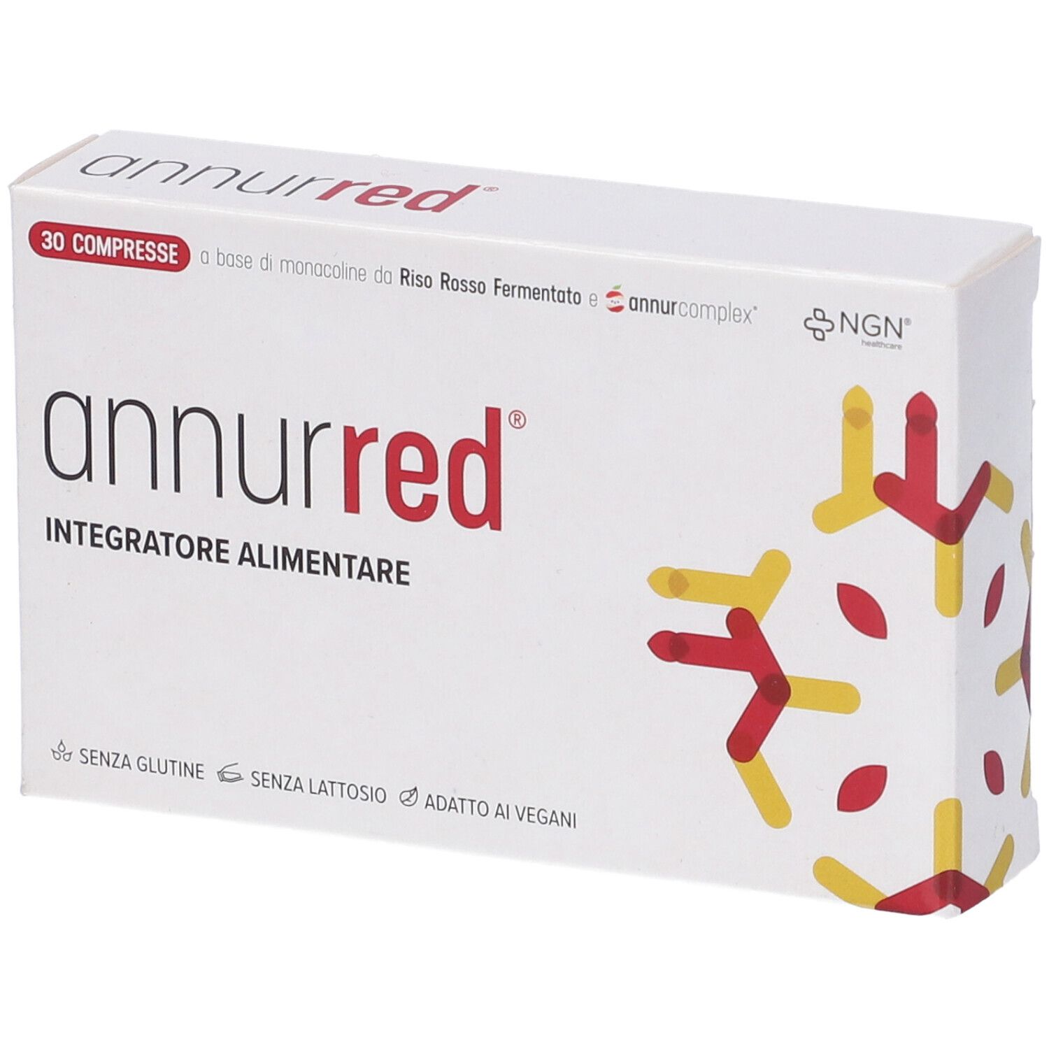 Scatola bianca con design rosso e giallo. Scritta 'annurred', '30 Compresse' e 'Integratore Alimentare'.