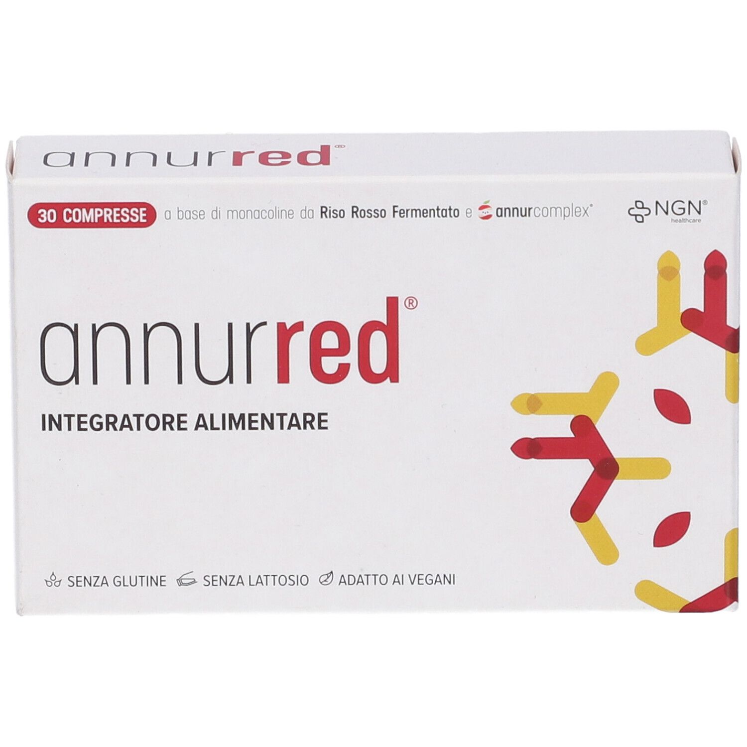 Scatola bianca con design rosso e giallo. Scritta 'annurred', '30 Compresse' e 'Integratore Alimentare'.