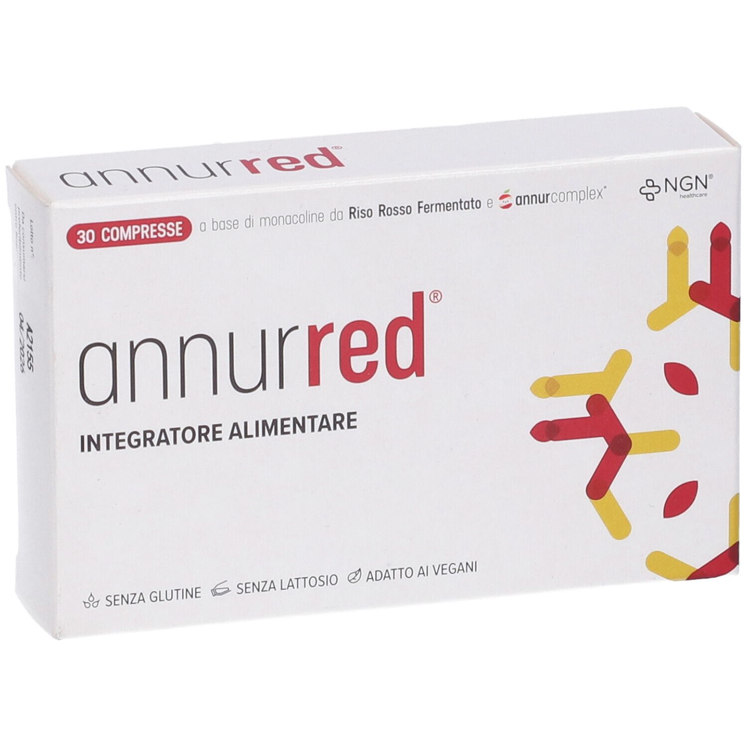 Scatola bianca con design rosso e giallo. Scritta 'annurred', '30 Compresse' e 'Integratore Alimentare'.