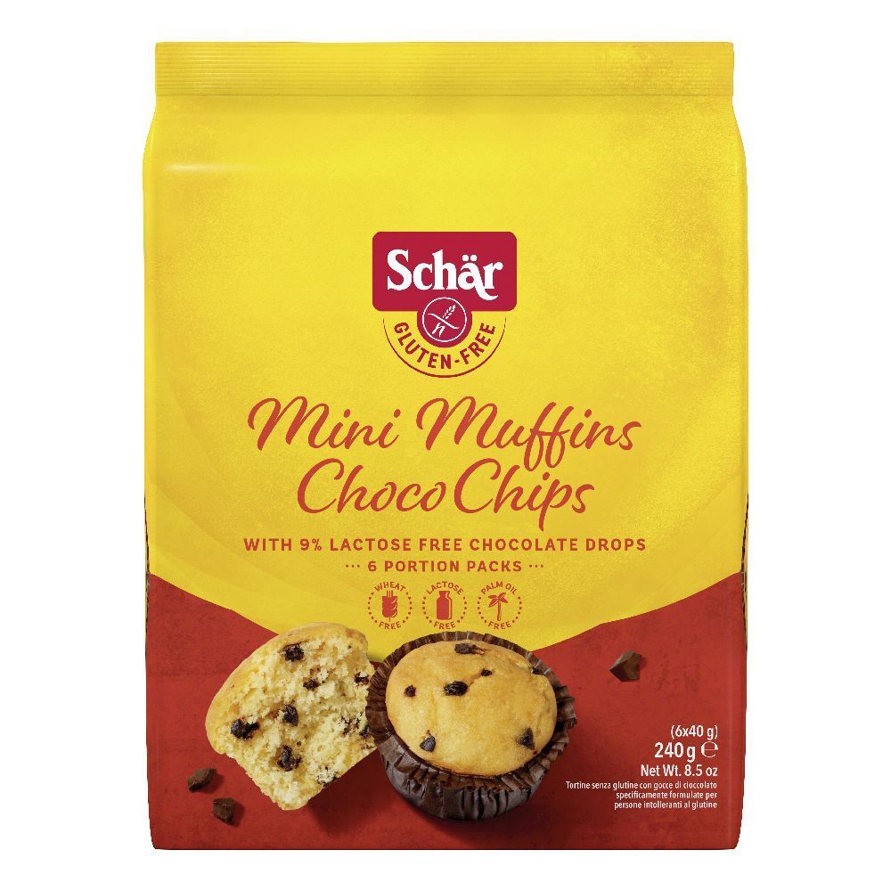 Confezione gialla di Schär Mini Muffins Choco Chips. Senza glutine. 6 porzioni. Muffin con gocce di cioccolato illustrati.