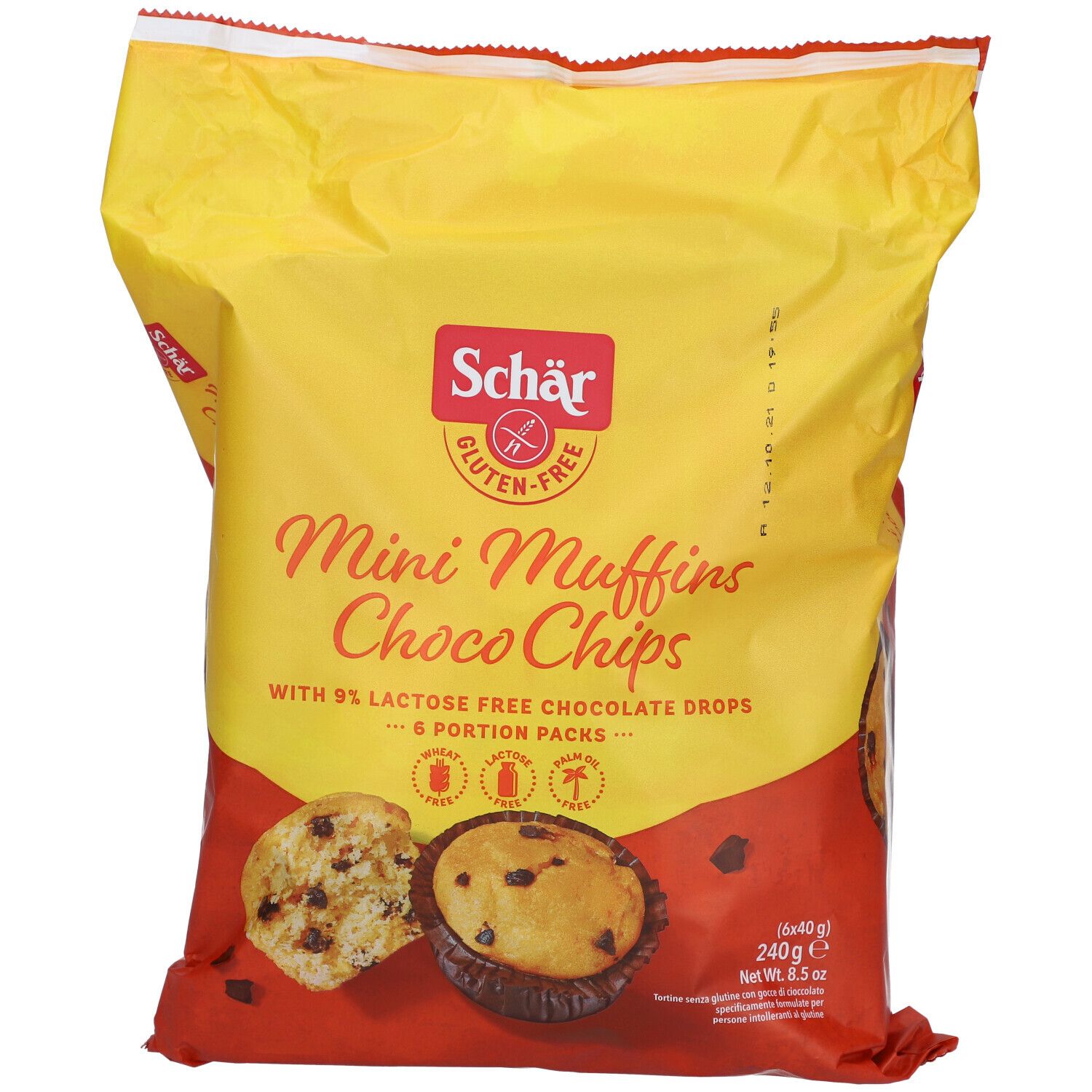Confezione gialla Schär Mini Muffins Choco Chips. Senza glutine. 6 porzioni. Muffin con gocce di cioccolato. Vista frontale.