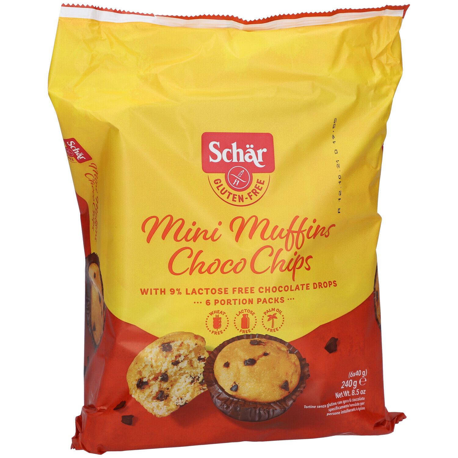 Confezione gialla Schär Mini Muffins Choco Chips. Senza glutine. 6 porzioni. Muffin con gocce di cioccolato. Vista frontale.