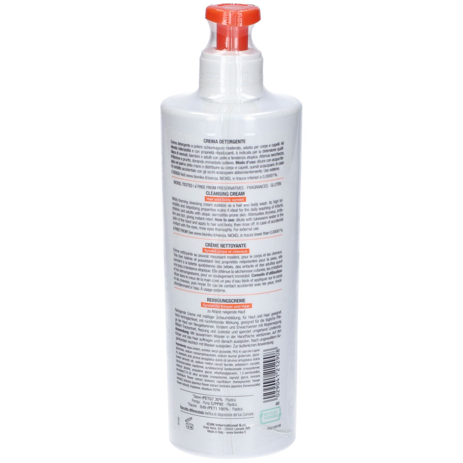 Flacon blanc avec pompe orange. Texte sur le flacon. Marque: BioNike. Vue arrière.