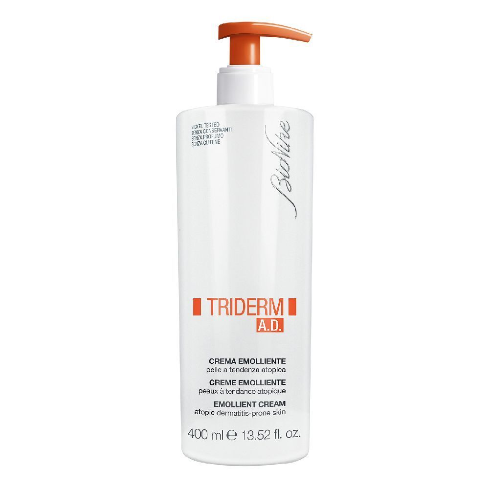 Flacone bianco con erogatore arancione. Scritta: Triderm A.D. Crema emolliente, 400 ml.