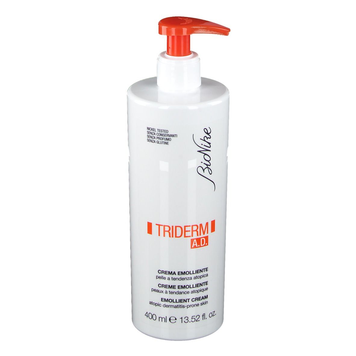 Flacone bianco con erogatore arancione. Scritta: Triderm A.D. Crema emolliente, 400 ml.