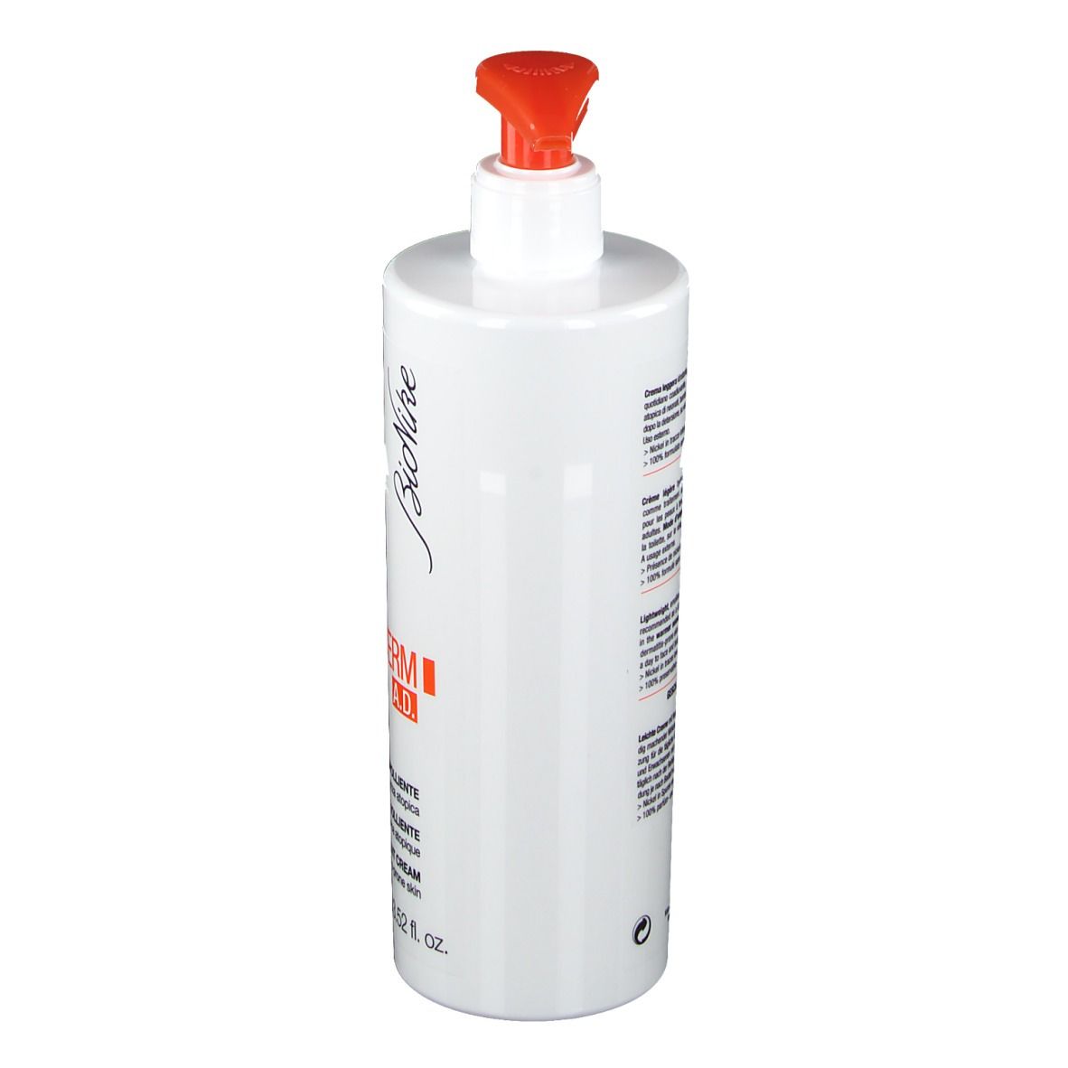 Flacone bianco con erogatore arancione. Scritta: Triderm A.D. Crema emolliente, 400 ml.