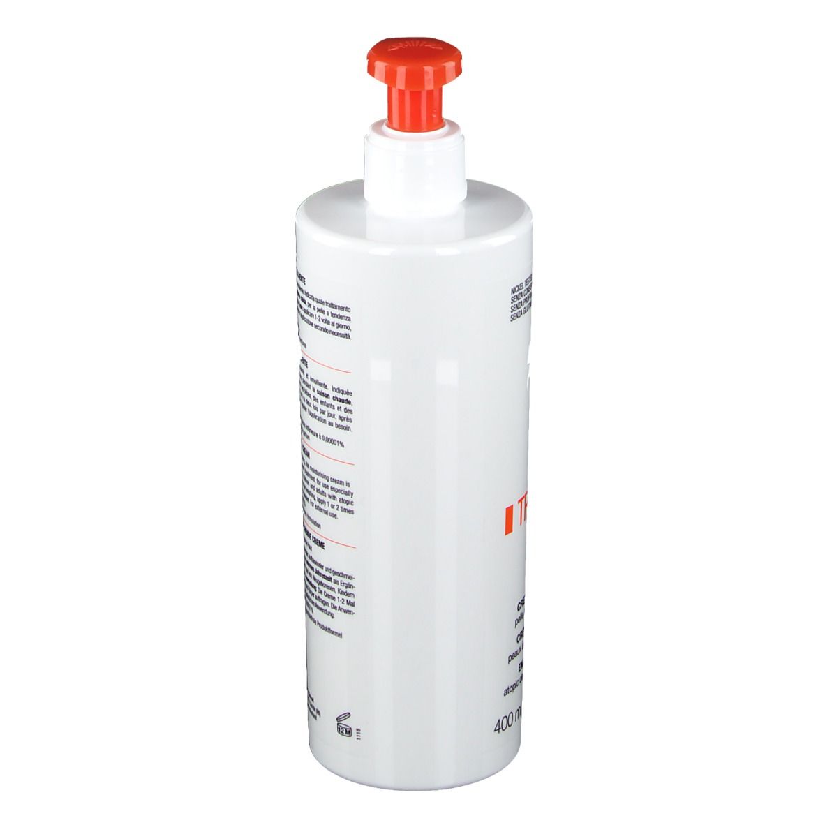 Flacone bianco con erogatore arancione. Scritta: Triderm A.D. Crema emolliente, 400 ml.