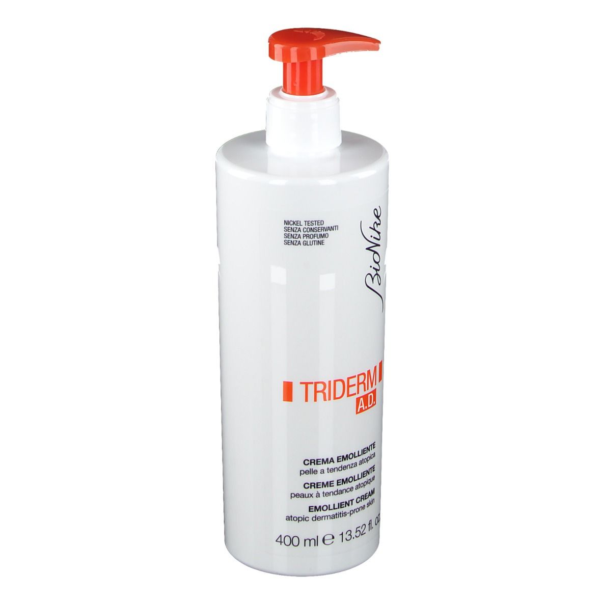 Flacone bianco con erogatore arancione. Scritta: Triderm A.D. Crema emolliente, 400 ml.