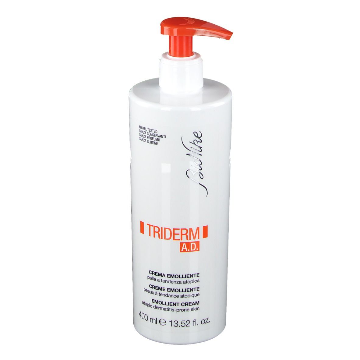 Flacone bianco con erogatore arancione. Scritta: Triderm A.D. Crema emolliente, 400 ml.