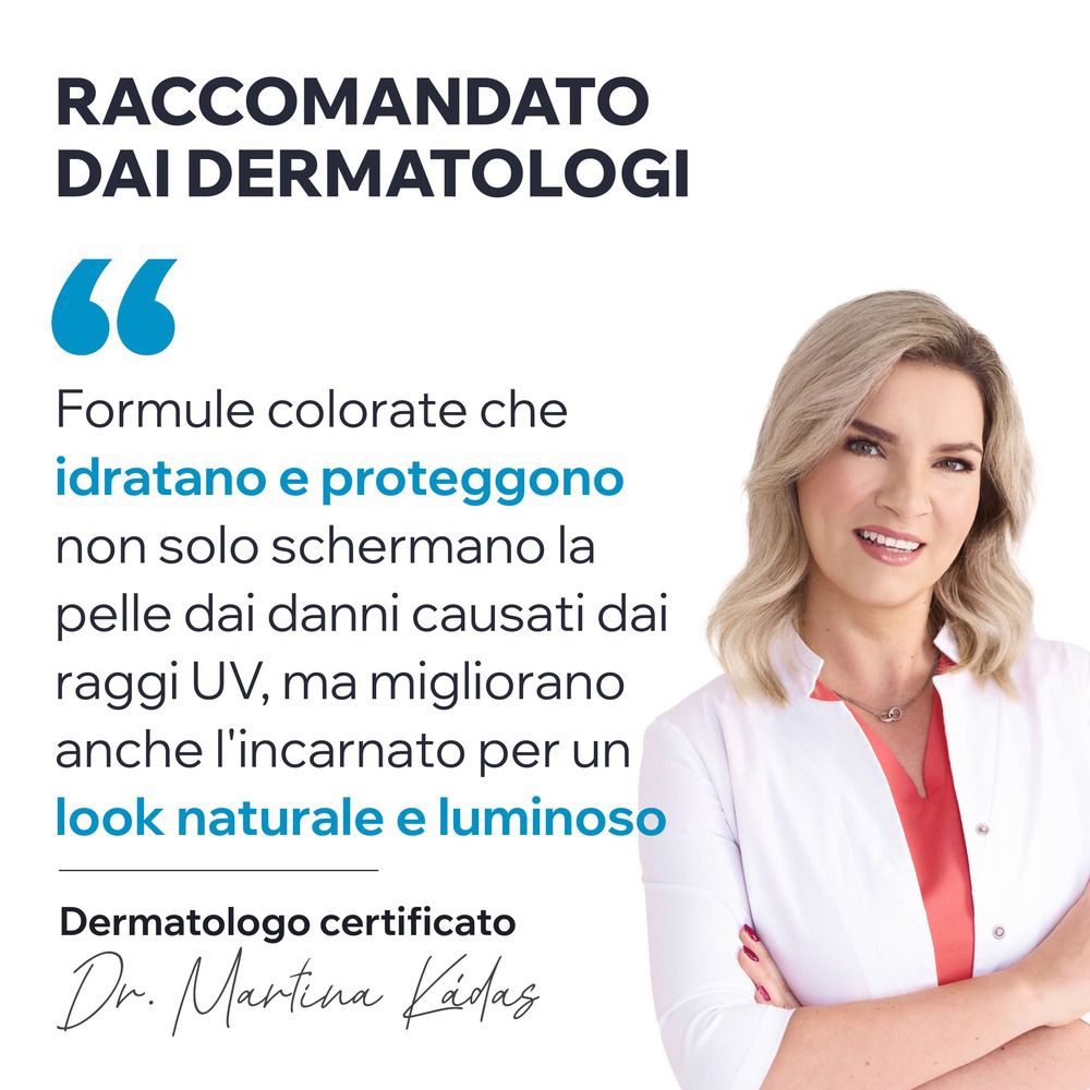 Grafik mit Symbolen. Text: Dermatologisch getestet, Adatto a tutti i tipi di pelle, Non comedogeno, Ottima tollerabilità.