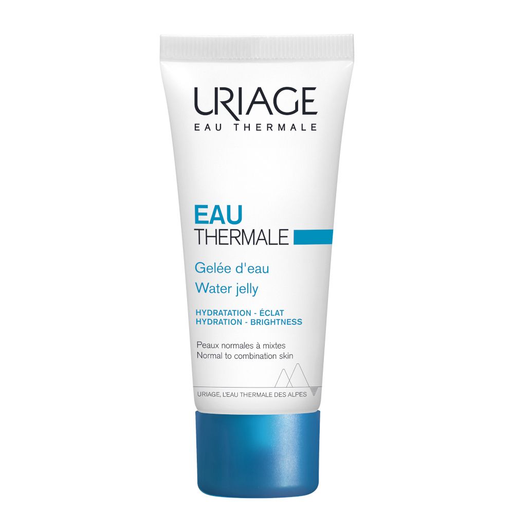 Tubo bianco Uriage Eau Thermale Gelée d'eau, tappo blu. Testo e logo. Per pelli da normali a miste.