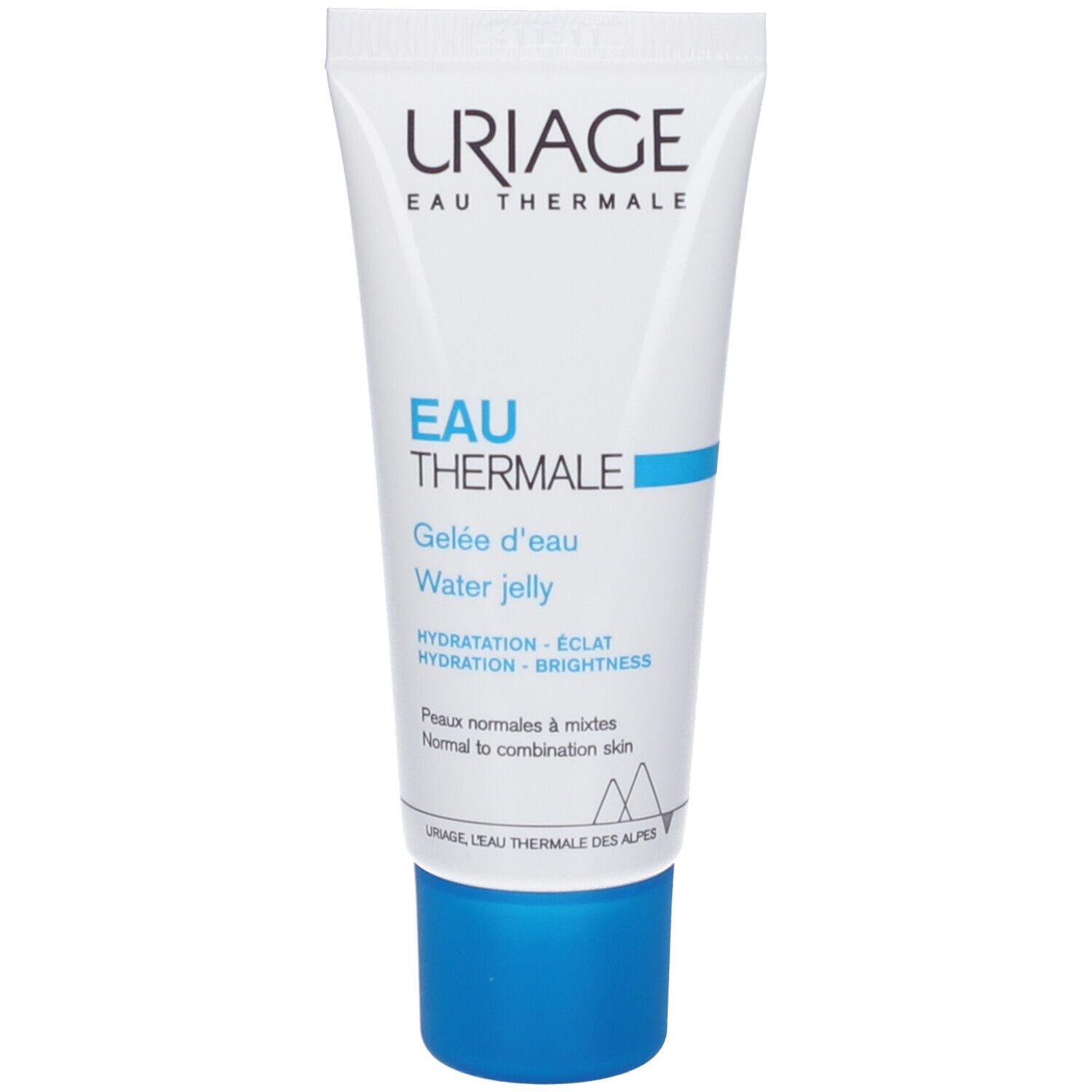 Tubo bianco Uriage Eau Thermale Gelée d'eau, tappo blu. Testo e logo. Per pelli da normali a miste.