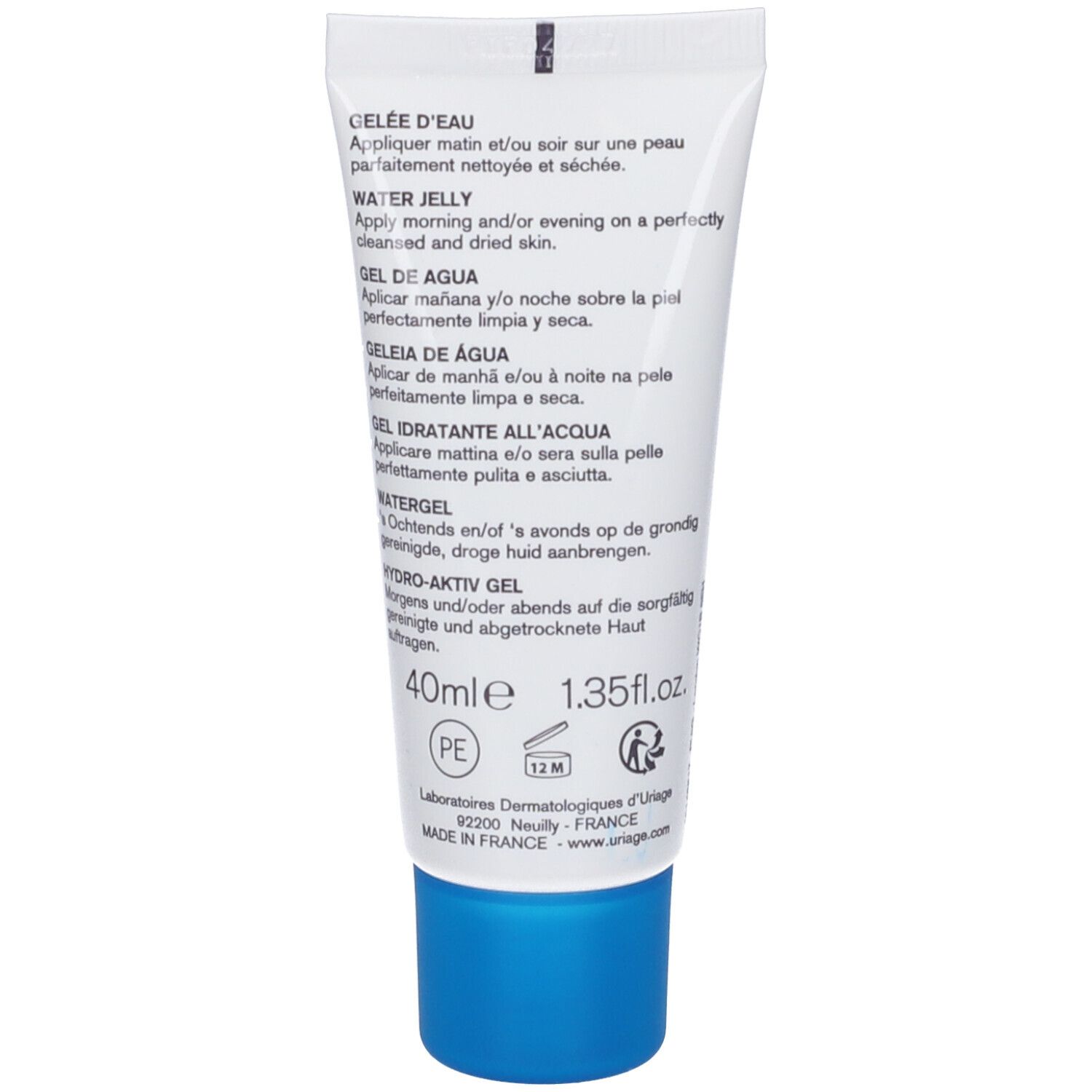 Retro del tubo. Testo multilingue. Uriage, 40ml, 1.35 fl.oz. Prodotto in Francia. Simbolo 12M.