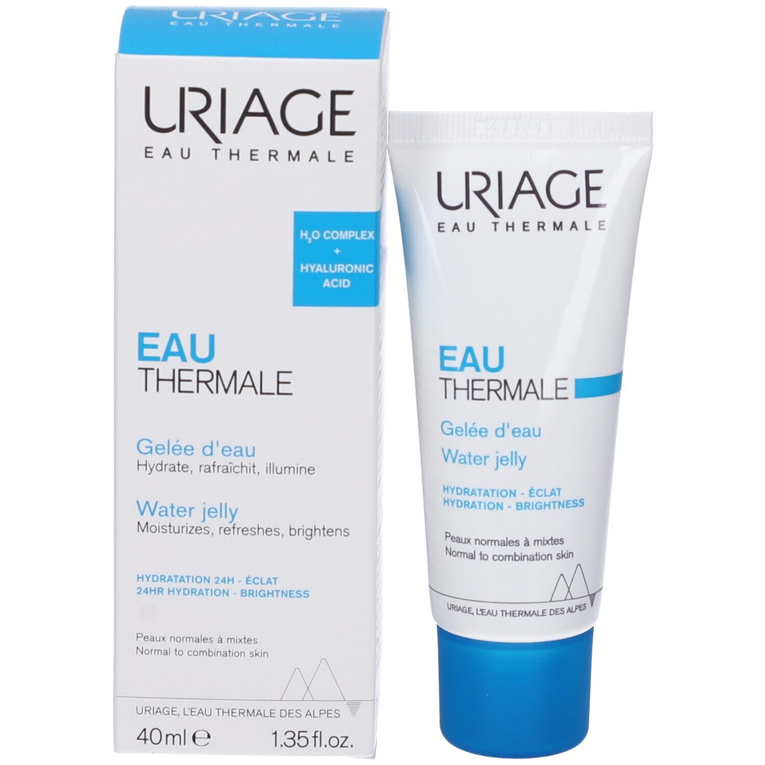 Uriage Eau Thermale Gelée d'eau. Tubo e scatola. Testo e logo. 40ml. Per pelli da normali a miste.