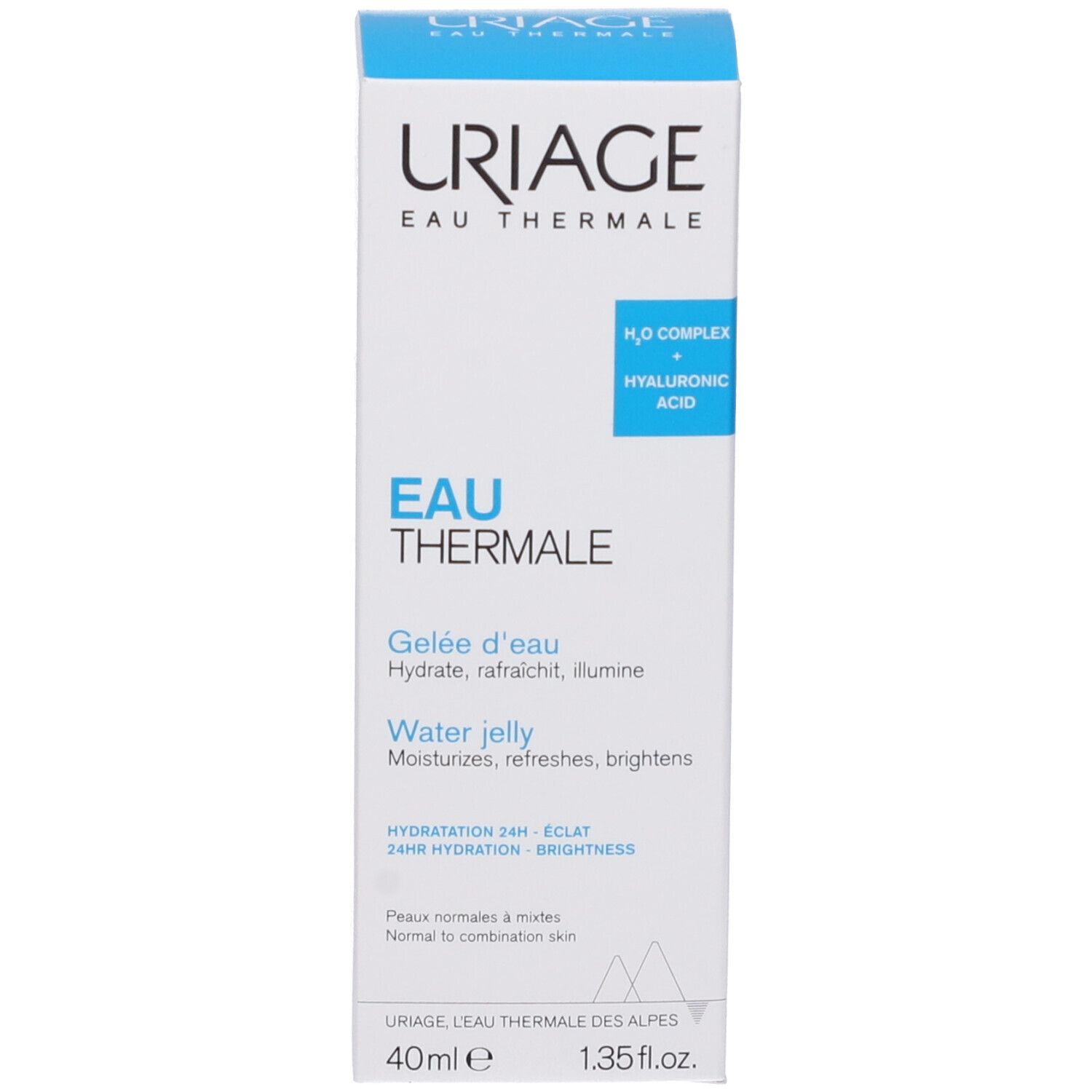 Uriage Eau Thermale Gelée d'eau. Scatola. Testo e logo. Per pelli da normali a miste. 40ml.