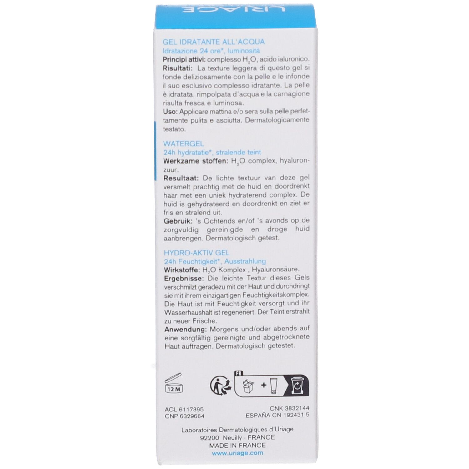 Testo sul lato della scatola. Ingredienti, istruzioni per l'uso, dermatologicamente testato.