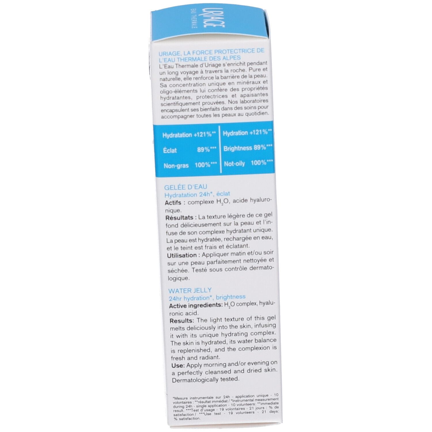 Testo sul lato della scatola. Ingredienti, istruzioni per l'uso, dermatologicamente testato.