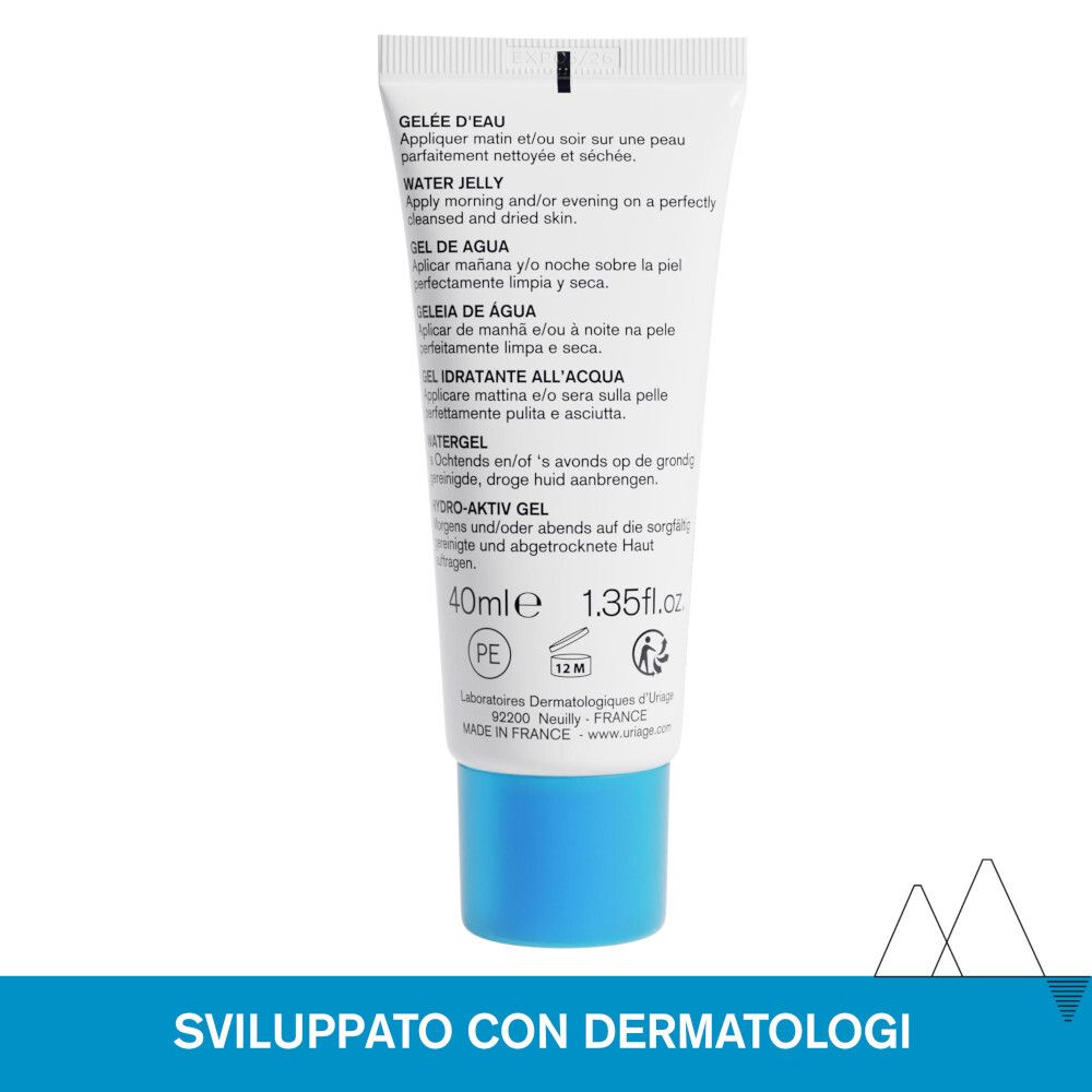 Retro del tubo. Testo multilingue. Uriage, 40ml, 1.35 fl.oz. Prodotto in Francia. Simbolo 12M.