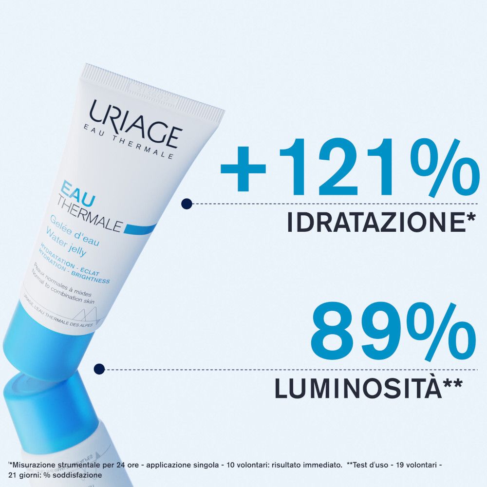 Uriage Eau Thermale Gelée d'eau. Percentuali: +121% Idratatione, 89% Luminosità. Tubo blu.