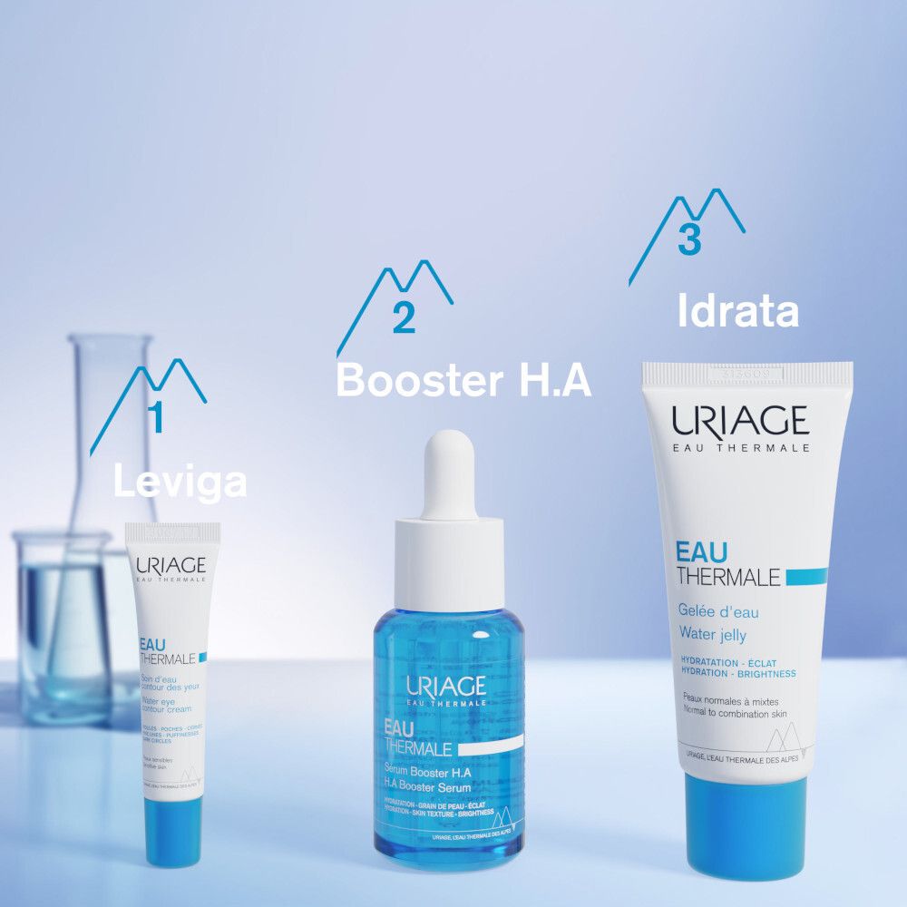 Tre prodotti: Uriage Eau Thermale, Leviga, Booster H.A, Gelée d'eau. Confezione blu e bianca.