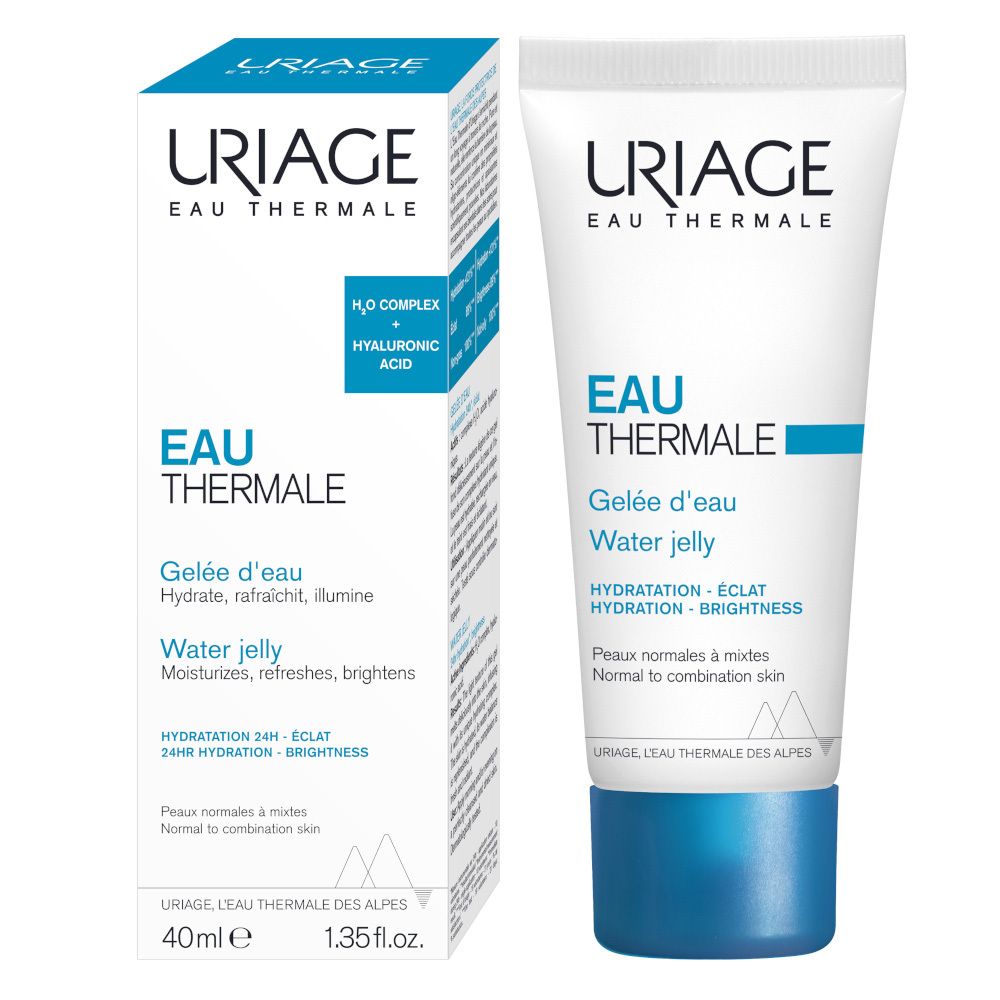 Uriage Eau Thermale Gelée d'eau. Tubo e scatola. Testo e logo. 40ml. Per pelli da normali a miste.