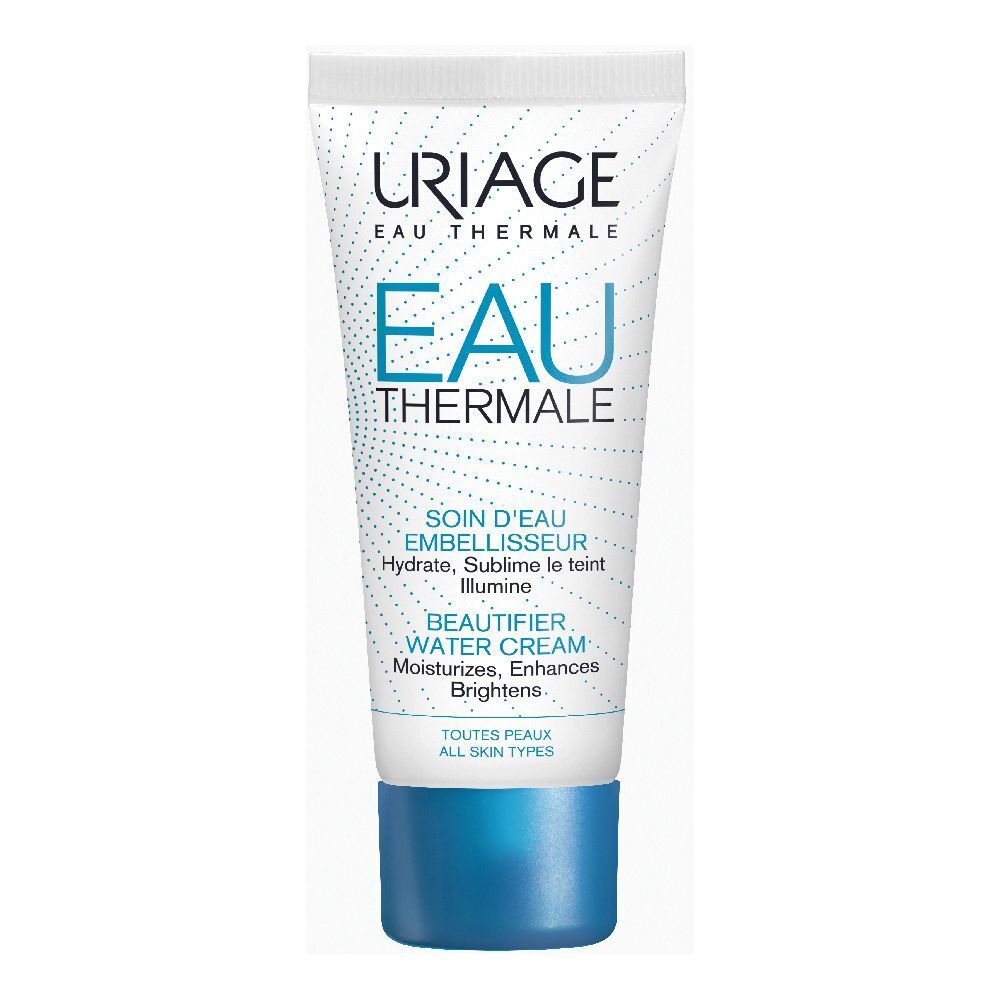Tubo di crema con tappo blu. Scritte: URIAGE, Eau Thermale, Eau, Soin d'Eau Embellisseur, Beautifier Water Cream.