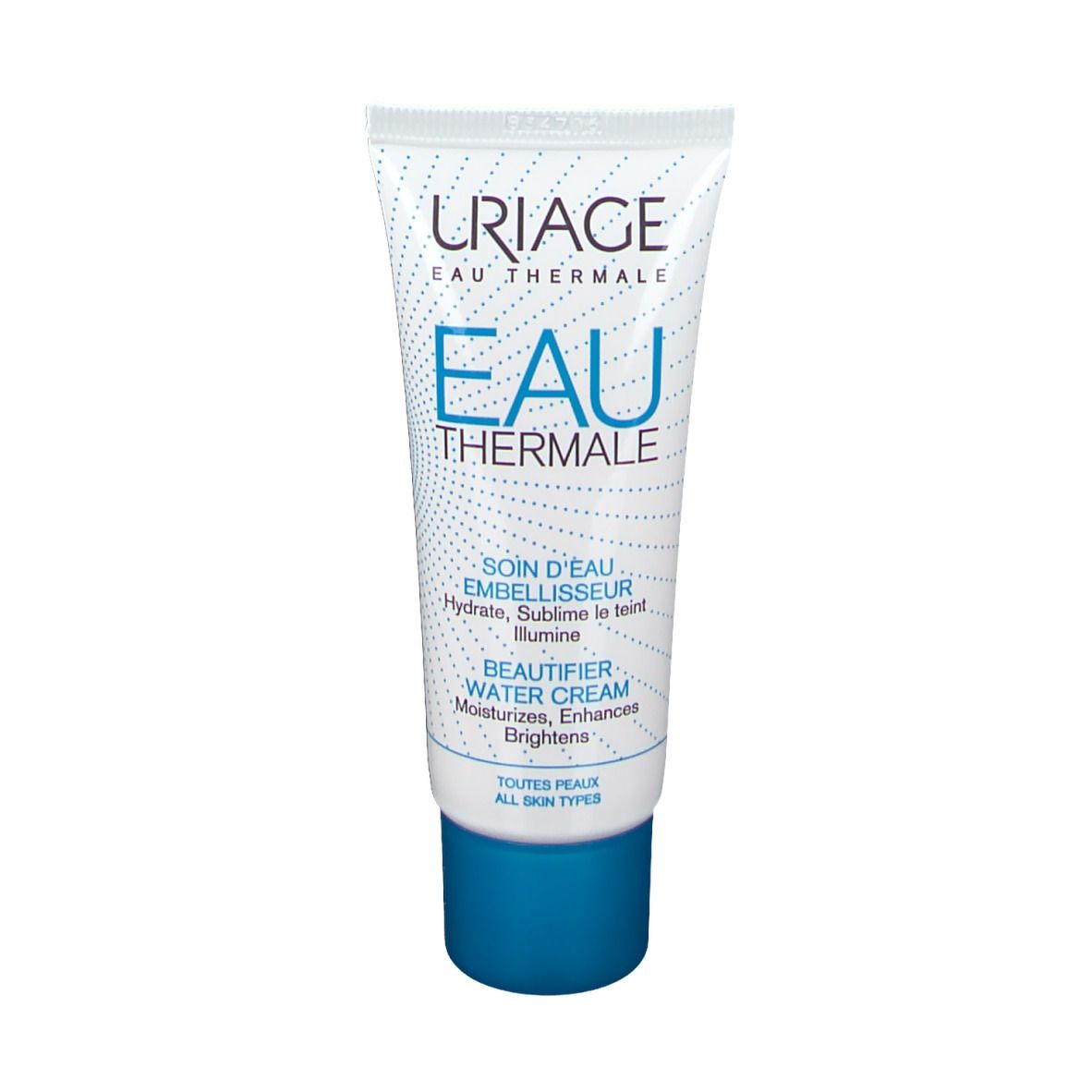 Tubo di crema con tappo blu. Scritte: URIAGE, Eau Thermale, Eau, Soin d'Eau Embellisseur, Beautifier Water Cream.