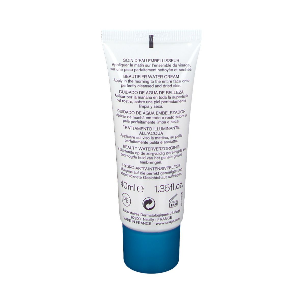 Retro di un tubetto di crema. Testo multilingue. Scritte: 40ml, 1.35 fl.oz, PE.