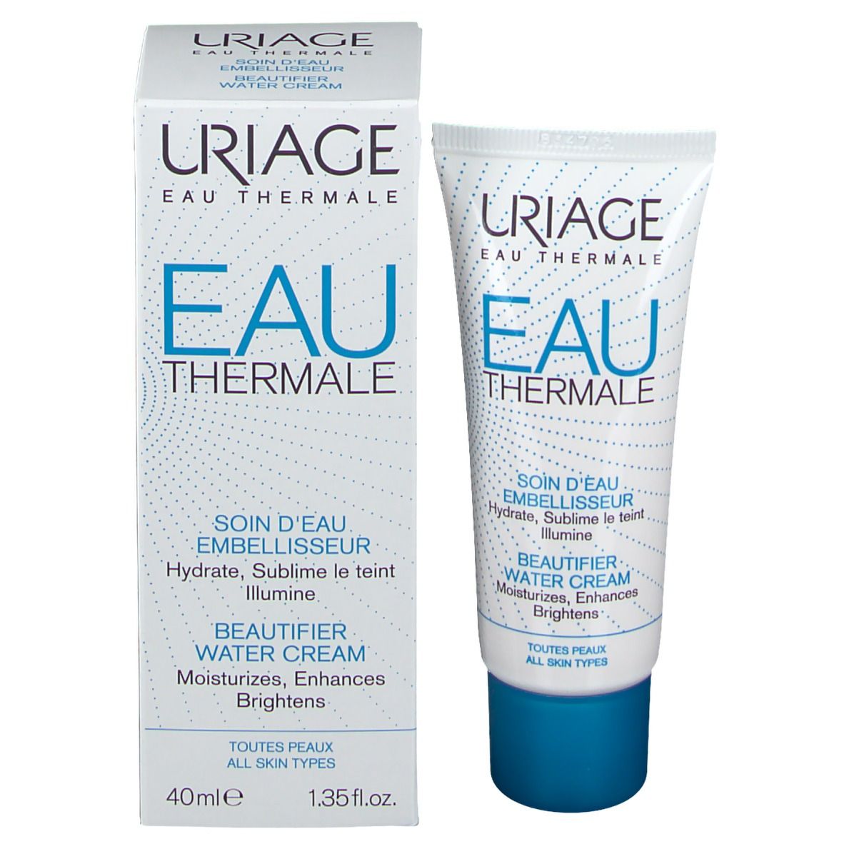 Confezione del prodotto con tubetto di crema. Scritte: URIAGE, Eau Thermale, Eau, Soin d'Eau Embellisseur, Beautifier Water Cream, 40ml, 1.35 fl.oz.