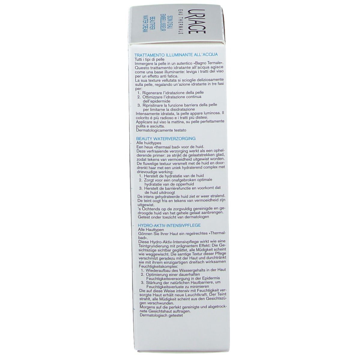 Lato della confezione del prodotto. Testo multilingue. Scritte: Trattamento, Beauty Waterverzorging, Hydro-Aktiv-Intensivpflege.