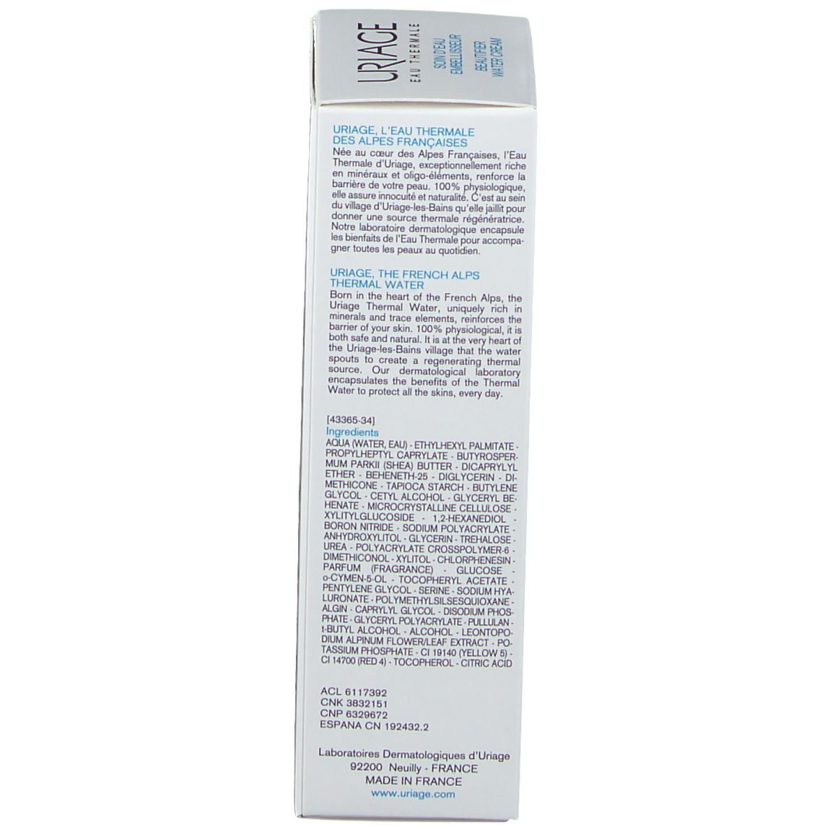 Lato della confezione del prodotto. Testo multilingue. Scritte: URIAGE, L'Eau Thermale des Alpes Françaises, Ingredienti.