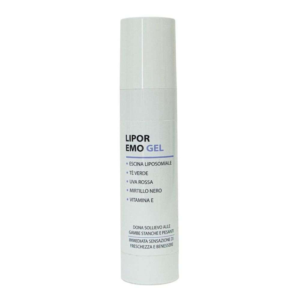 Flacone cilindrico bianco con etichetta blu. Scritte: Lipor Emo Gel, ingredienti e testo in italiano.