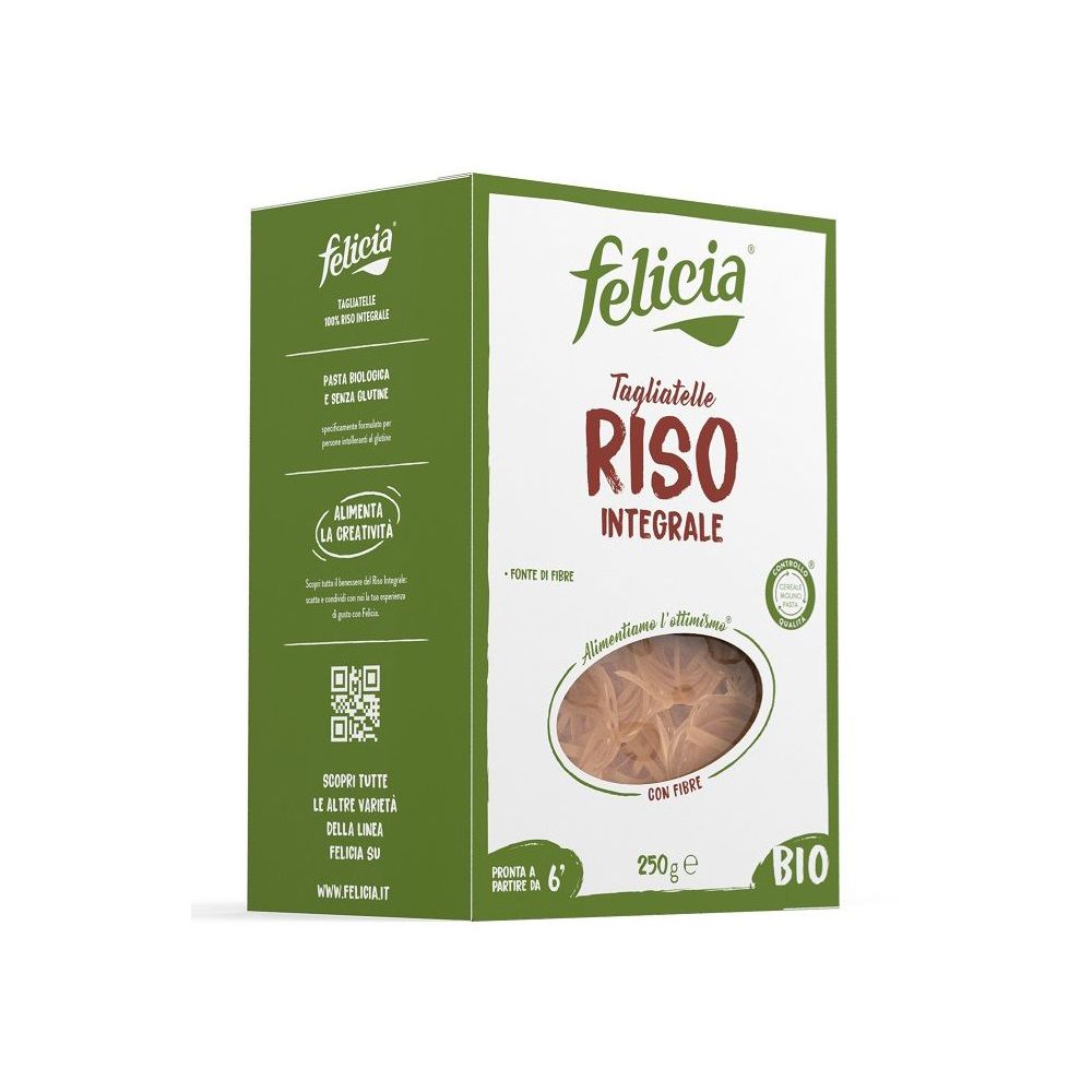 Scatola di Felicia Tagliatelle Riso Integrale. Finestra con pasta marrone. Sigillo BIO. 250g. Confezione verde e bianca.