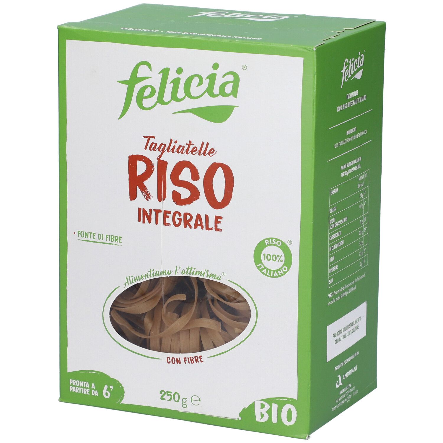 Scatola Felicia Tagliatelle Riso Integrale. Finestra con pasta. Sigillo BIO. 250g. Confezione verde e bianca.