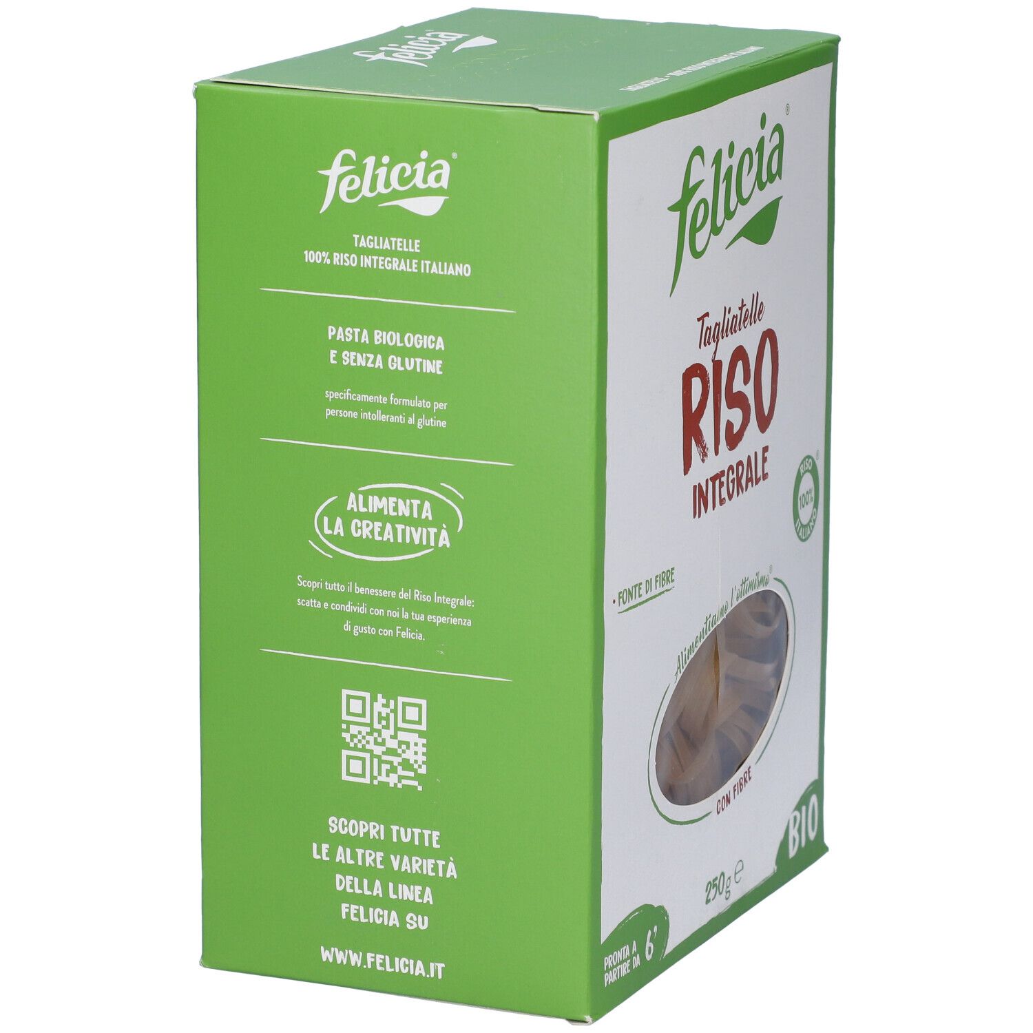 Felicia Tagliatelle Riso Integrale. Confezione verde. Testo e loghi. Informazioni sulla pasta. Sigillo BIO. Senza glutine.