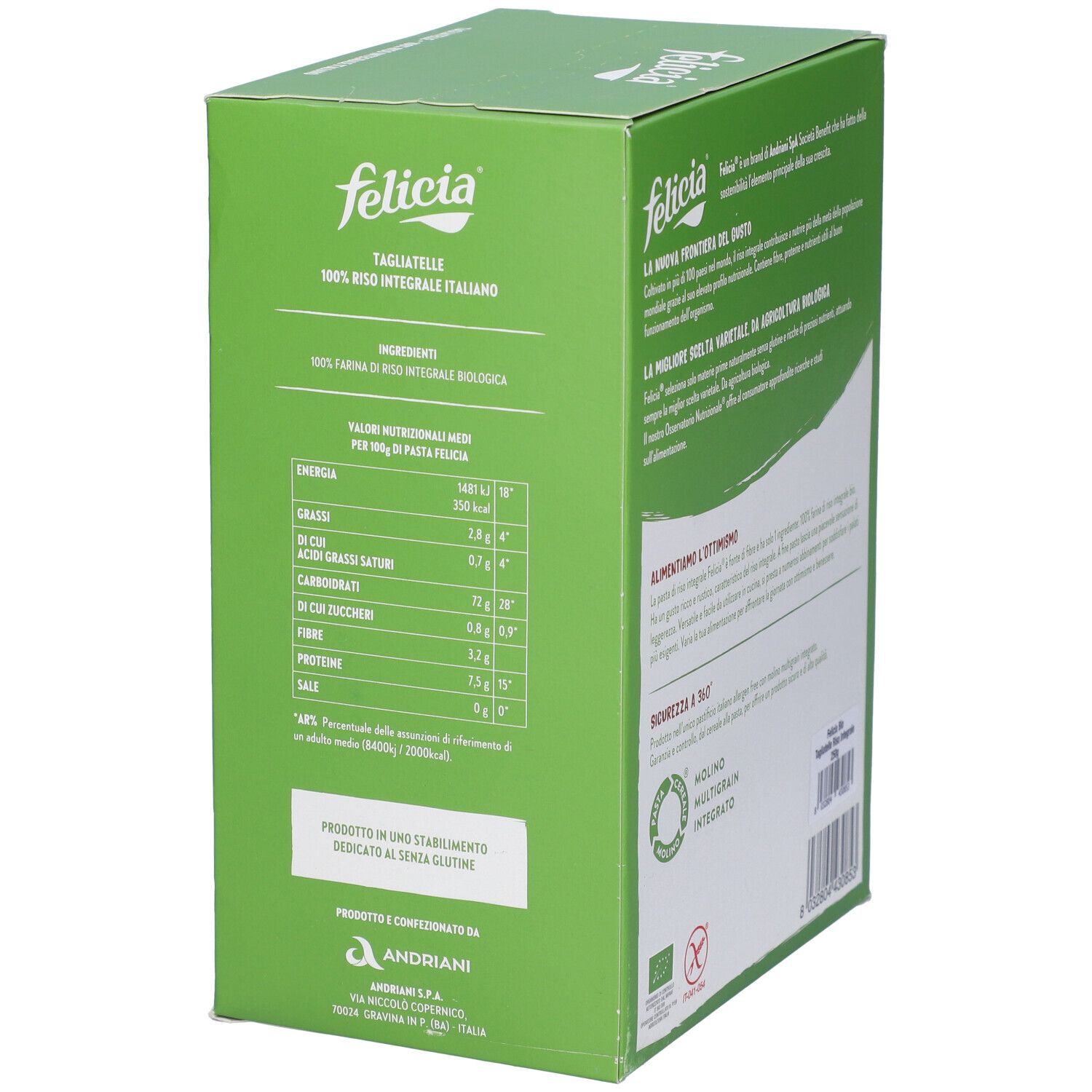 Felicia Tagliatelle Riso Integrale. Confezione verde. Testo e loghi. Informazioni nutrizionali. Sigillo BIO. Senza glutine.