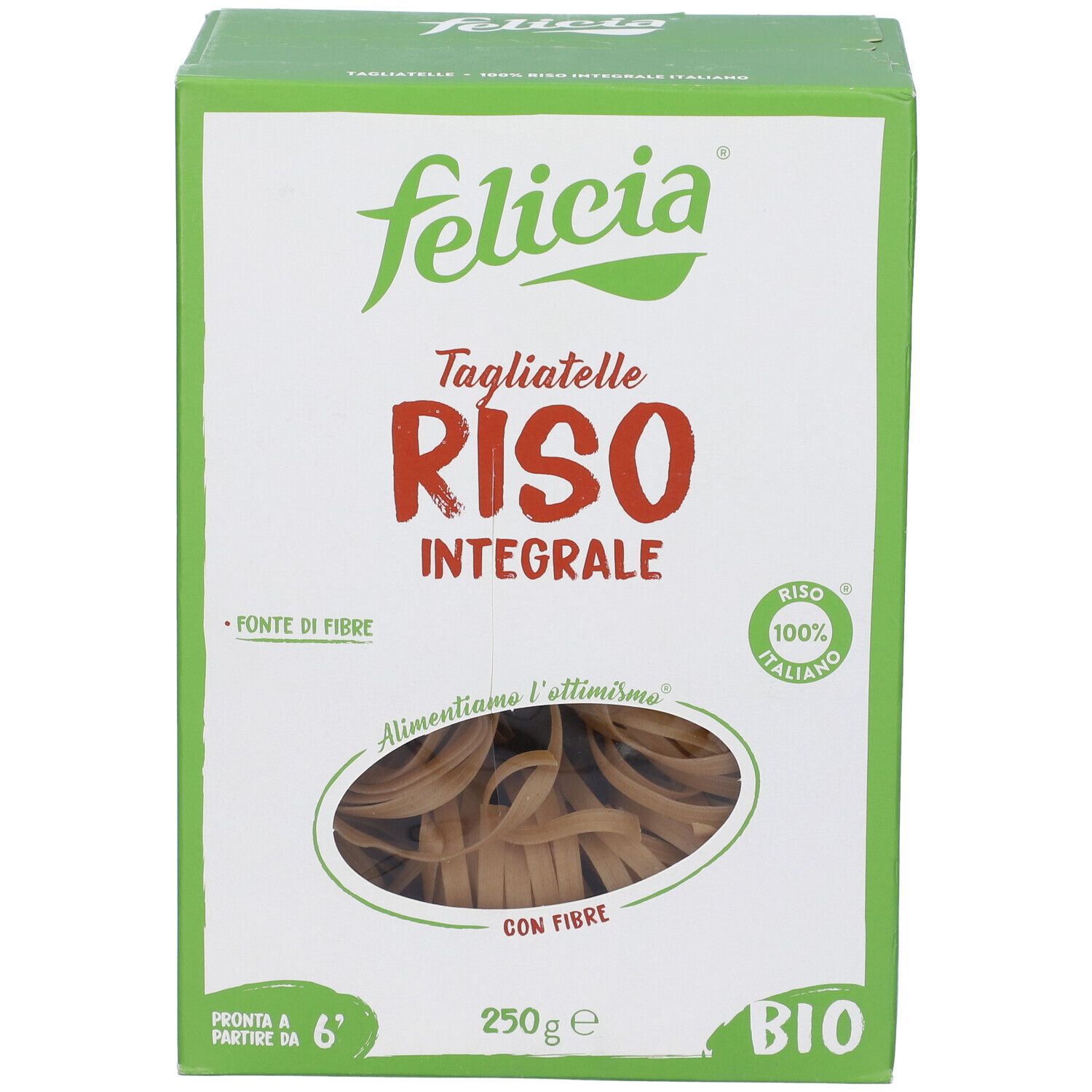 Scatola Felicia Tagliatelle Riso Integrale. Finestra con pasta. Sigillo BIO. 250g. Confezione verde e bianca.