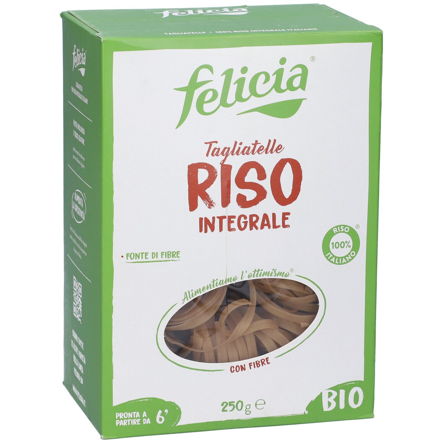 Scatola Felicia Tagliatelle Riso Integrale. Finestra con pasta. Sigillo BIO. 250g. Confezione verde e bianca.
