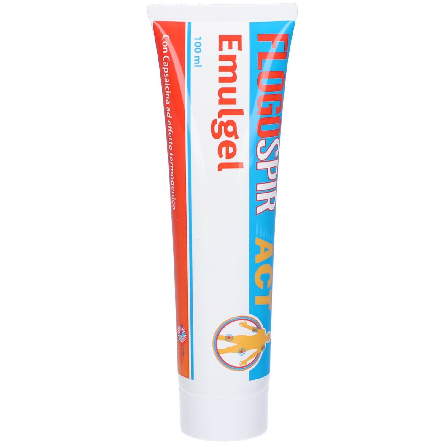Tubo con scritta Flogospir Act Emulgel. 100 ml. Con Capsaicina. Sfumatura arancione-blu. Logo.