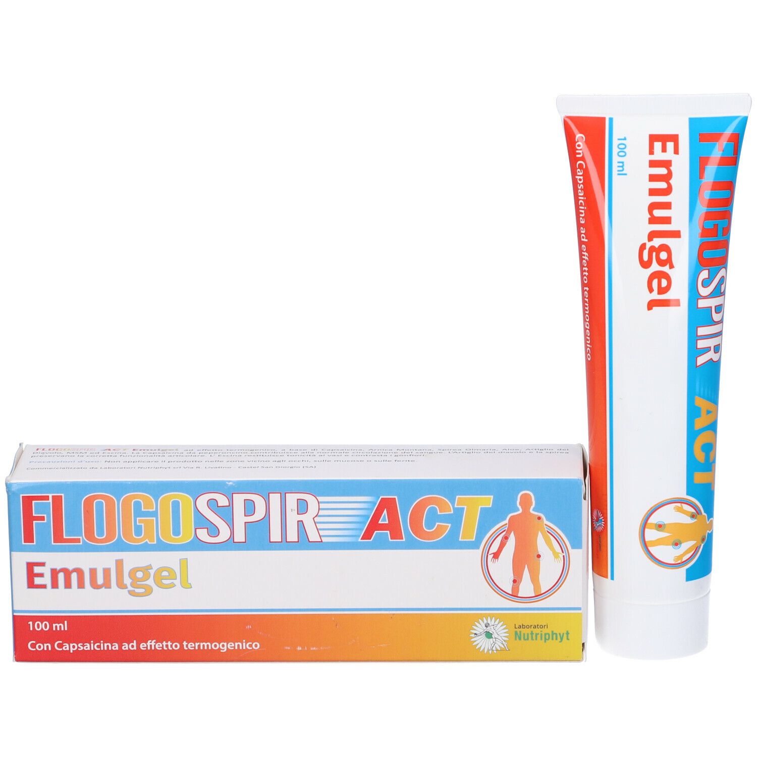 Scatola e tubo. Scritta: Flogospir Act Emulgel. 100 ml. Con Capsaicina. Logo.
