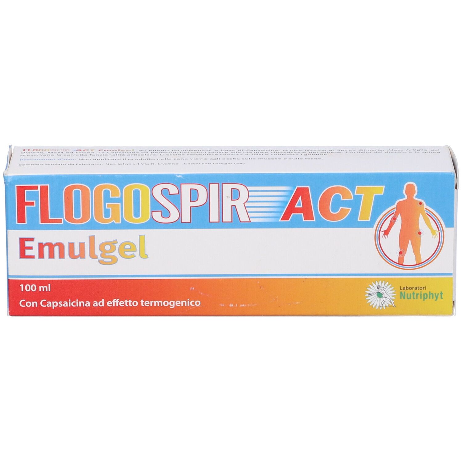 Scatola con scritta Flogospir Act Emulgel. 100 ml. Con Capsaicina. Sfumatura arancione-blu. Logo.