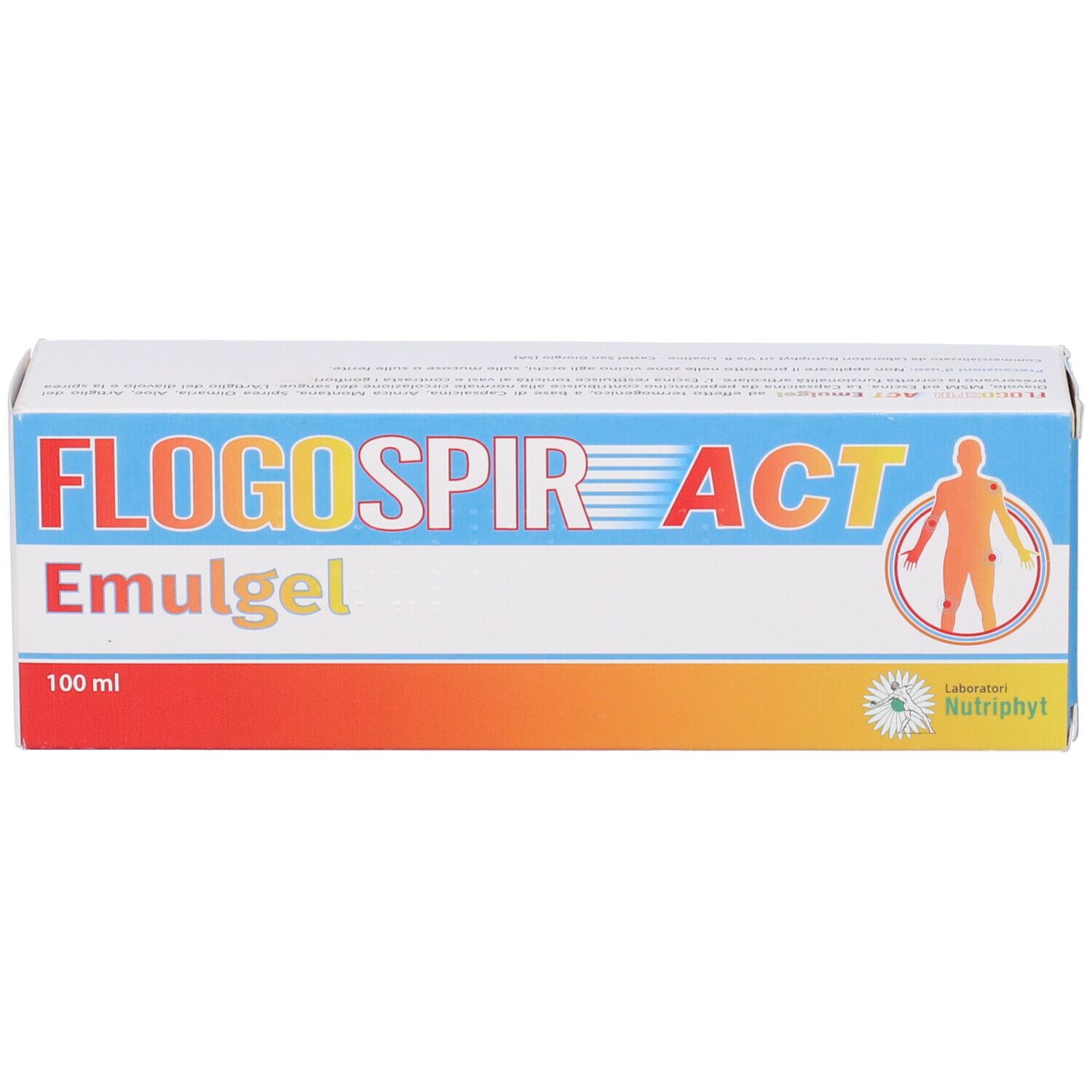 Scatola con scritta Flogospir Act Emulgel. 100 ml. Sfumatura arancione-blu. Logo.