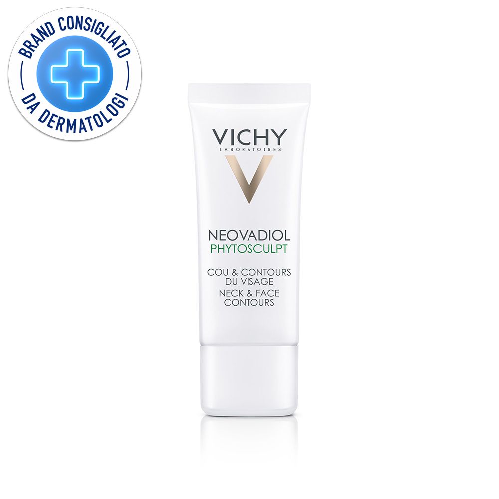 Tubo bianco con logo VICHY e scritta NEOVADIOL Phytoskulptur. Testo: Cou & Contours du Visage Neck & Face Contours.