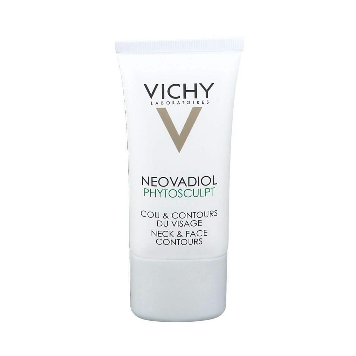 Confezione con tubo. Scritta: VICHY NEOVADIOL Phytoskulptur. Testo: Cou & Contours du Visage Neck & Face Contours. Marchio.