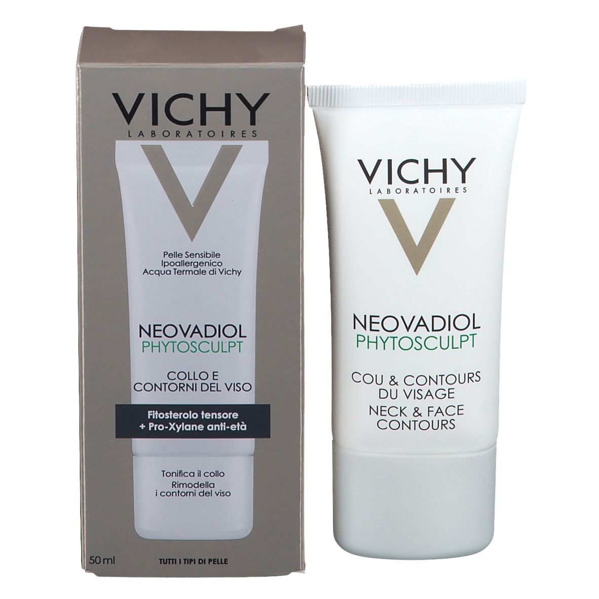 Confezione con tubo. Scritta: VICHY NEOVADIOL Phytoskulptur. Testo: Cou & Contours du Visage Neck & Face Contours. Marchio.