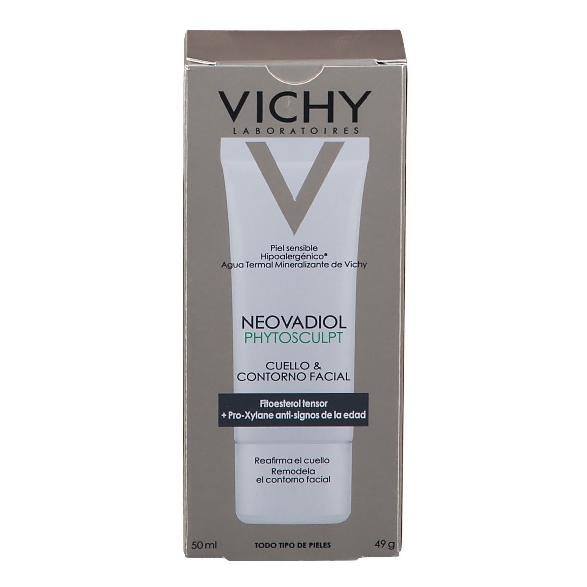 Confezione con tubo. Scritta: VICHY NEOVADIOL Phytoskulptur. Testo: Cou & Contours du Visage Neck & Face Contours. Marchio.