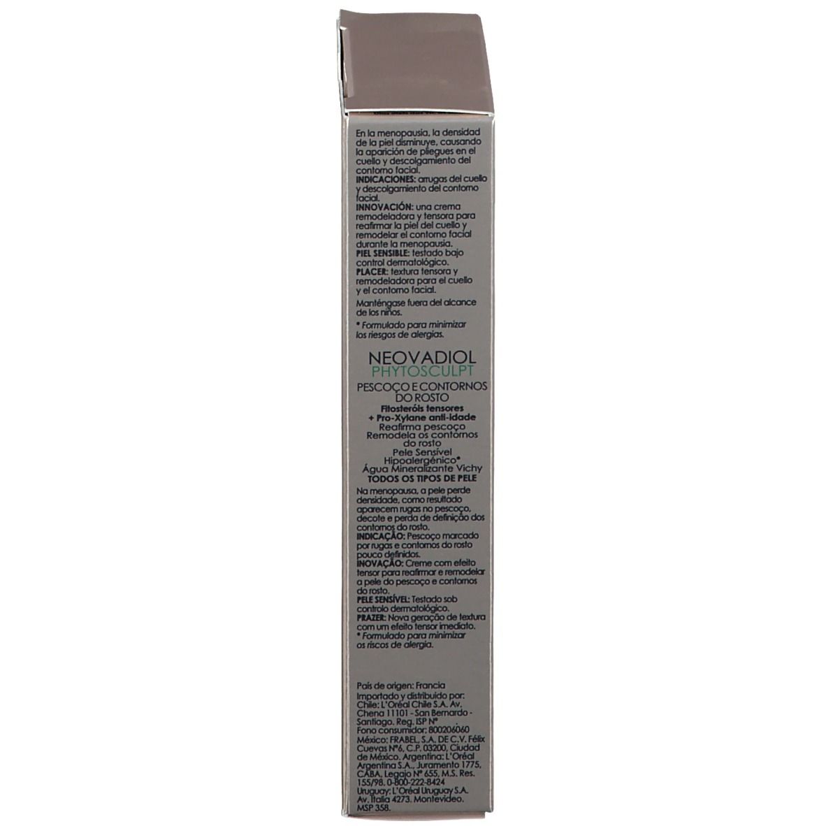 Lato della confezione. Testo multilingue: NEOVADIOL Phytoskulptur. Ingredienti, informazioni produttore.