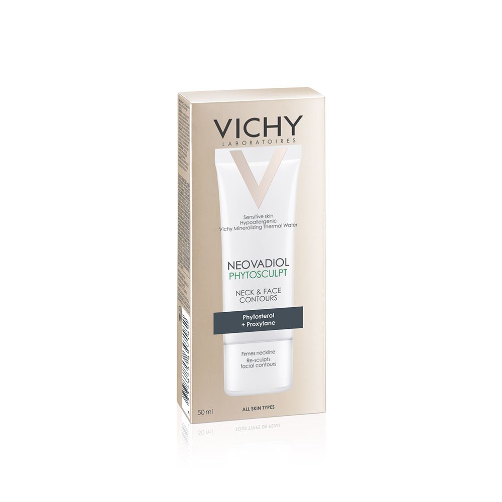 Confezione con tubo. Scritta: VICHY NEOVADIOL Phytoskulptur. Testo: Neck & Face Contours. Ingredienti, marchio.