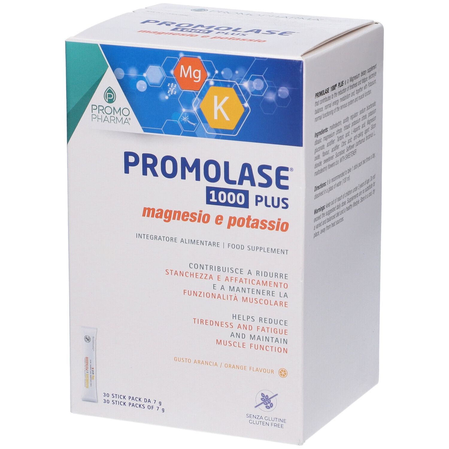 Scatola Promolase 1000 Plus. Contiene magnesio e potassio. Scatola bianca con informazioni e logo.