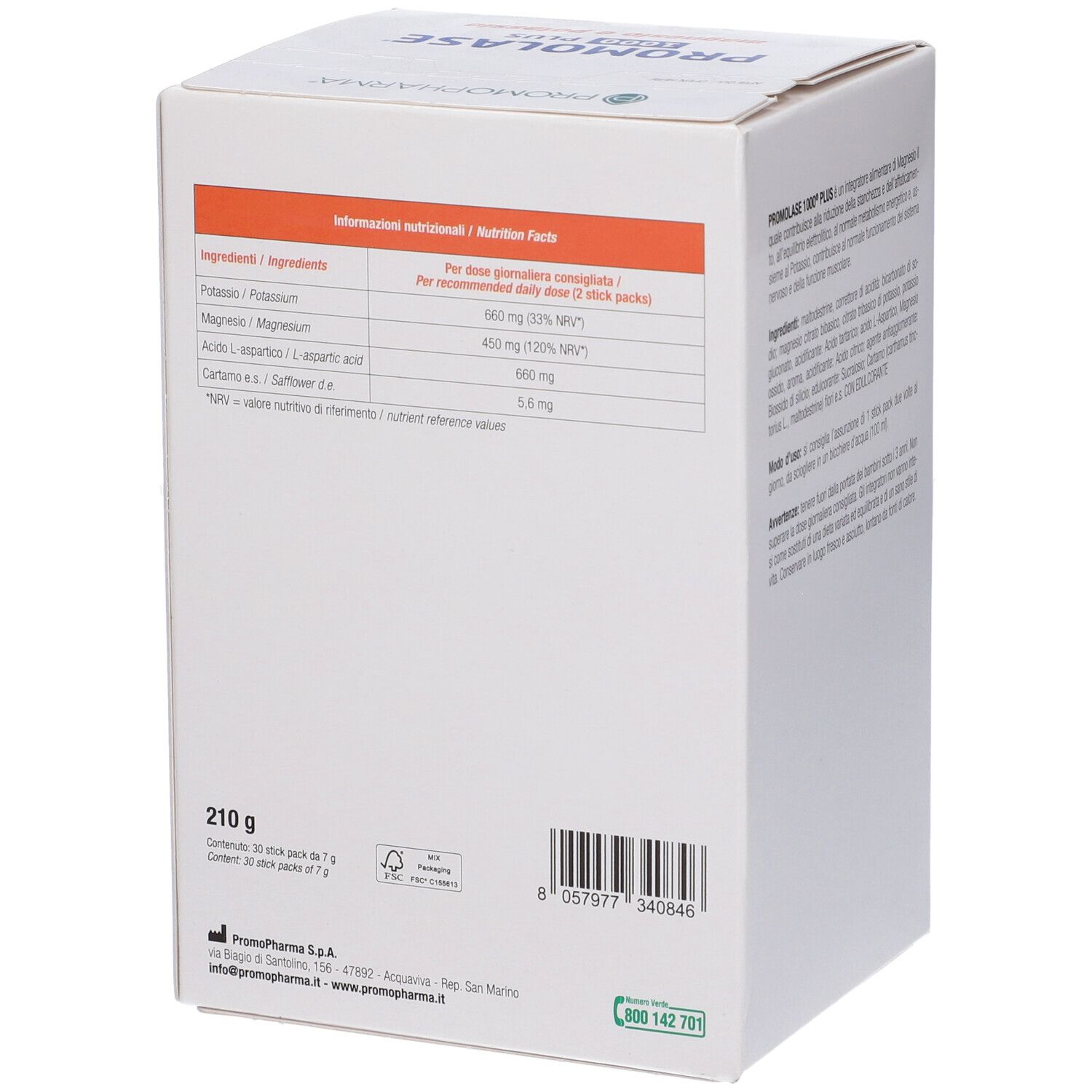 Retro della scatola Promolase 1000 Plus. Contiene informazioni nutrizionali e contatti.